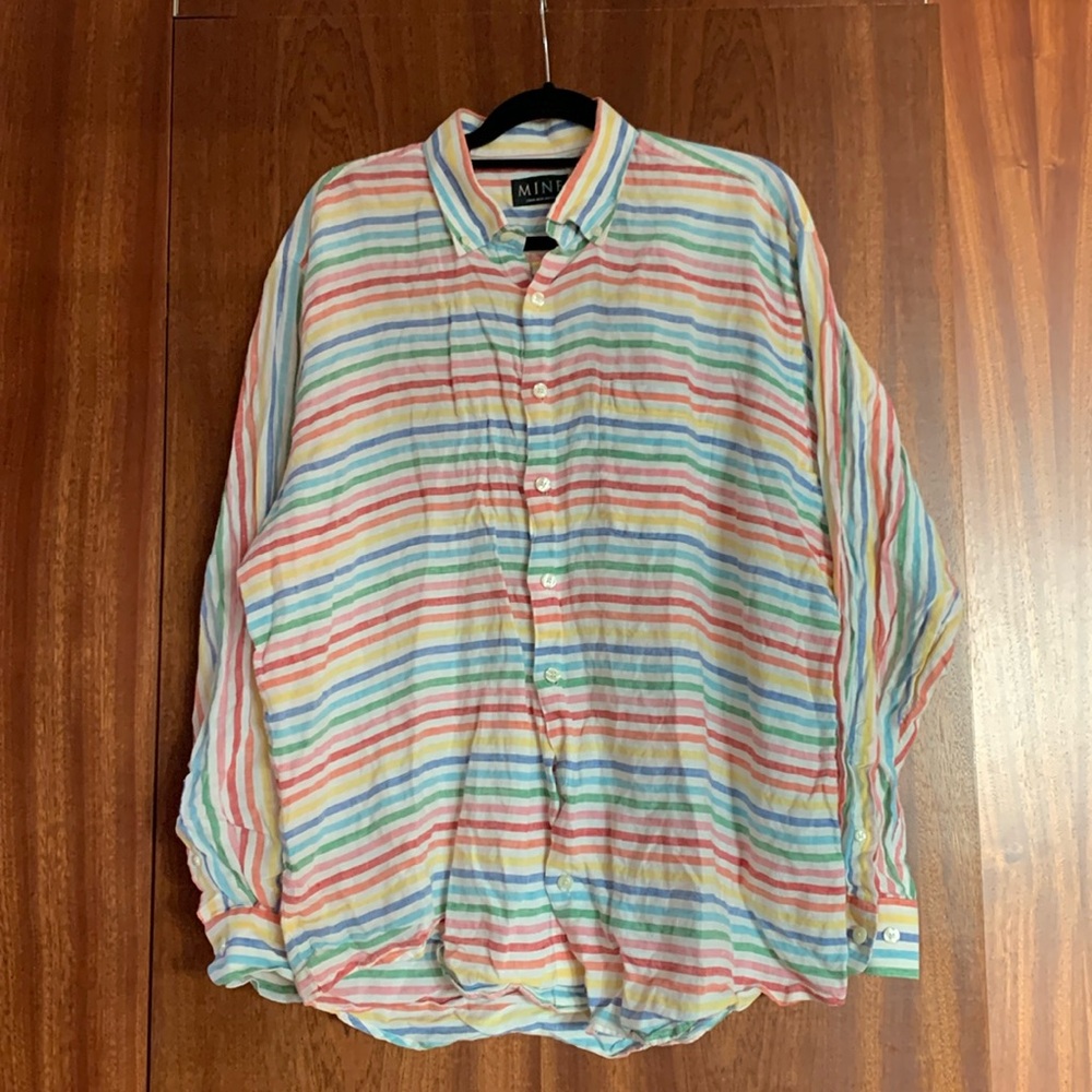 Mine London Linen Button Down Shirt Xl Large Colorblock Striped Colorful